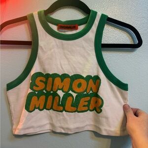 Simon Miller White Crop Tank with Green Trim and Orange Logo